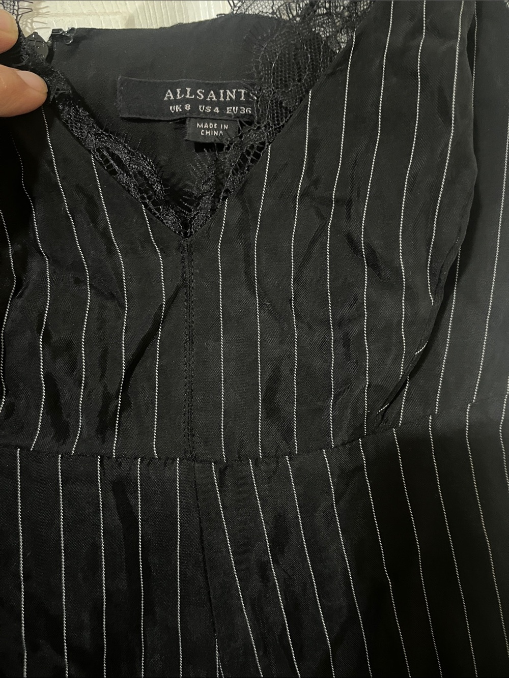 All Saints Black Pinstripe Lace-Trim Asymmetric Slip Dress - Picture 4 of 4